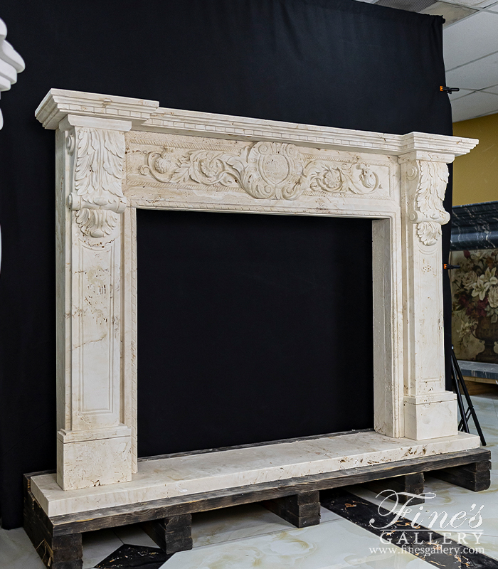 Marble Fireplaces  - Floral Scrollwork Mantel In Italian Ivory Travertine - MFP-2539